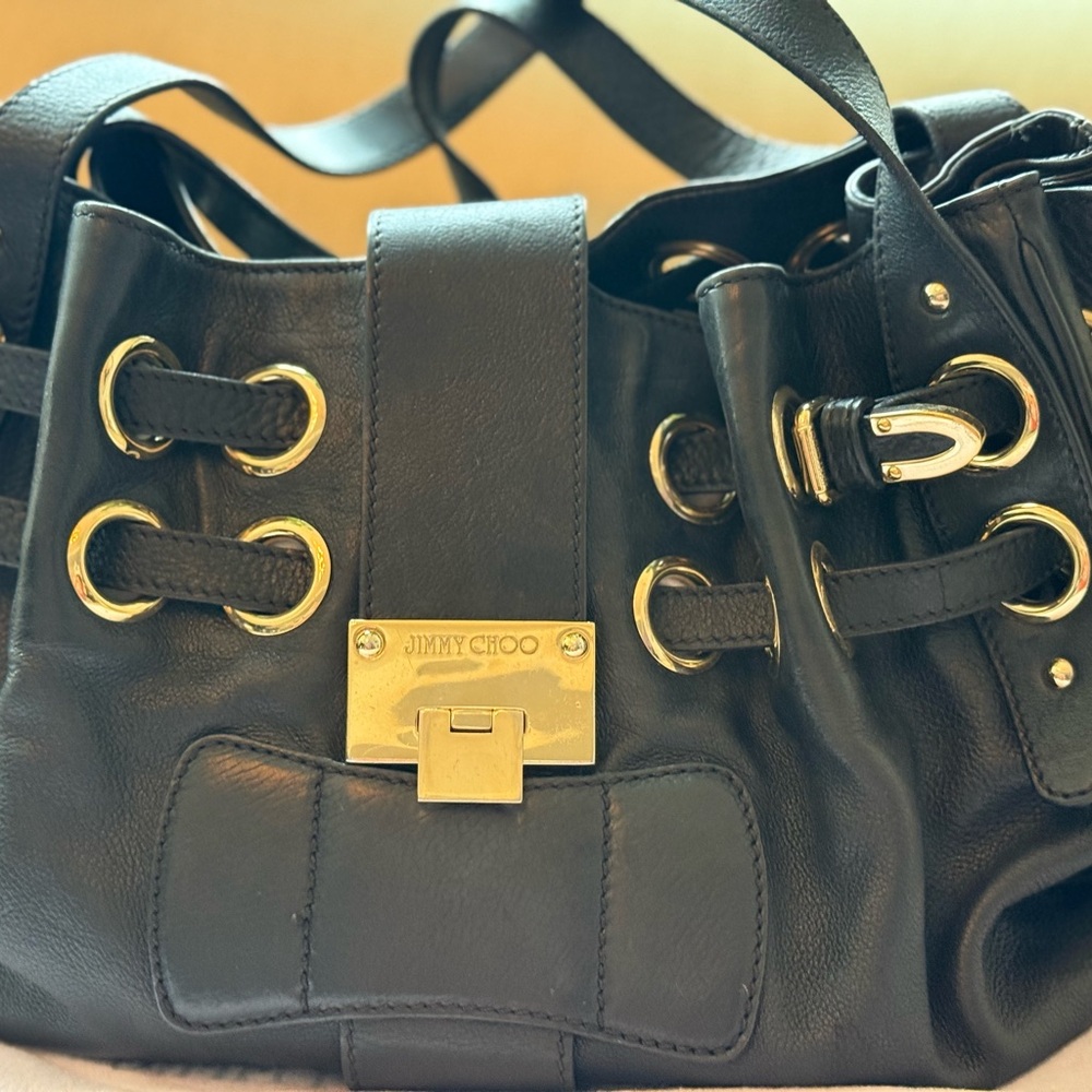 Jimmy Choo Black and Gold Shoulder Bag with Corset Design